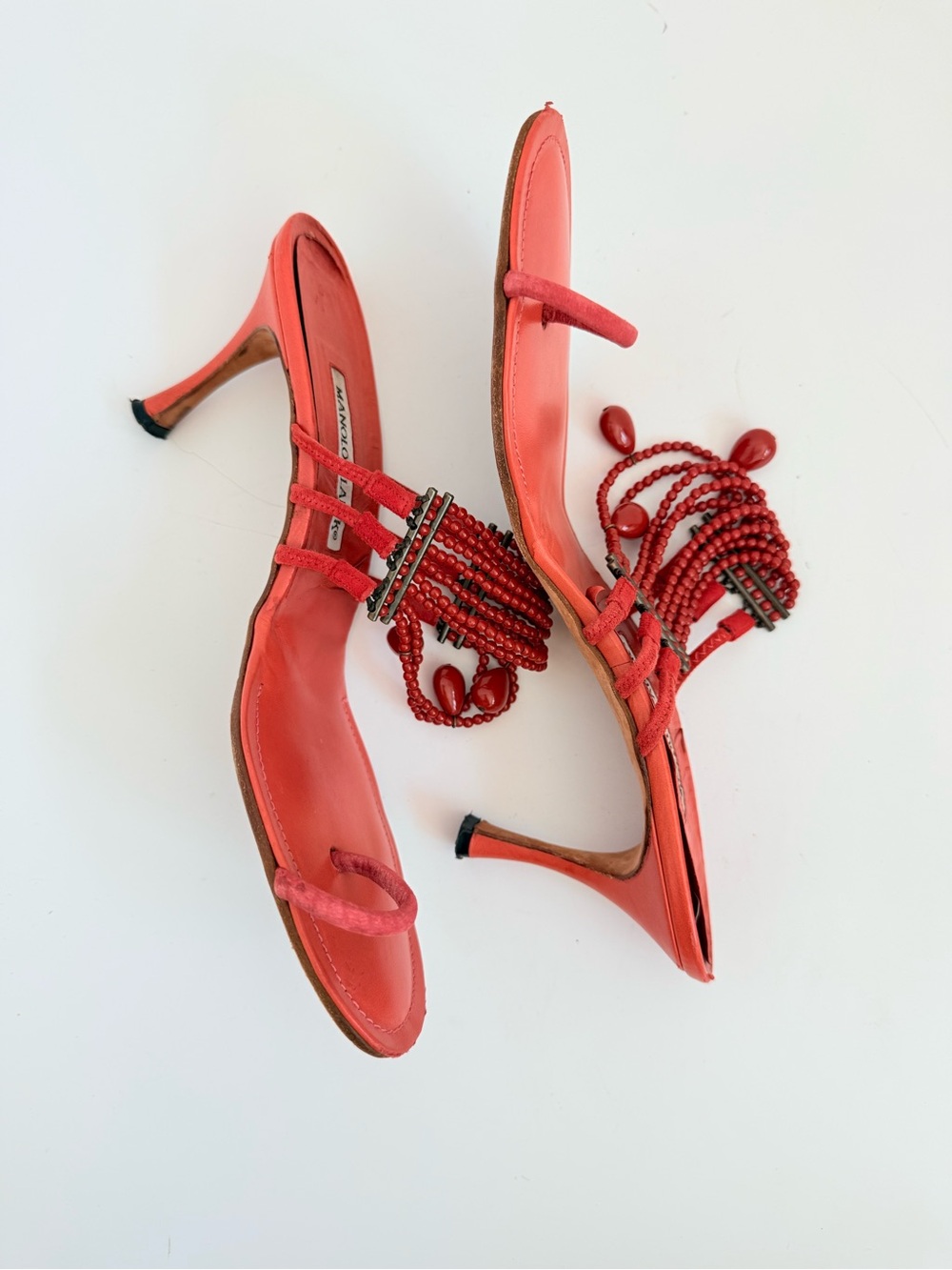 Rare Vintage Manolo Blahnik Red Beaded Toe Loop Heeled Sandals Y2K 40 - Picture 7 of 10